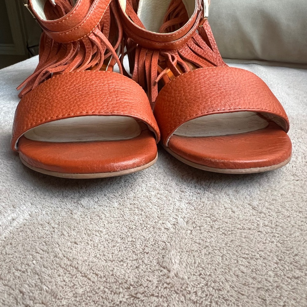 Michael Kors Women 5.5 M Orange Leather Fringe Ankle Wrap Wedge Sandals Boho - Picture 9 of 16
